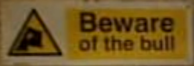 yellow warning sign that reads 'beware of the bull'